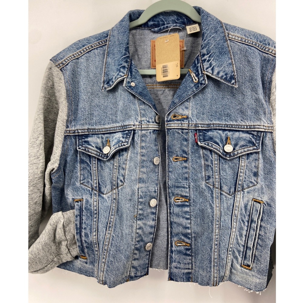Levis Ex-Boyfriend Trucker Jacket Denim Heather Grey Jersey Sleeve Medium M